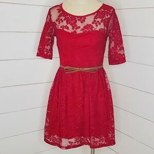 City Triangles size 3 red lace mini dress with bow belt